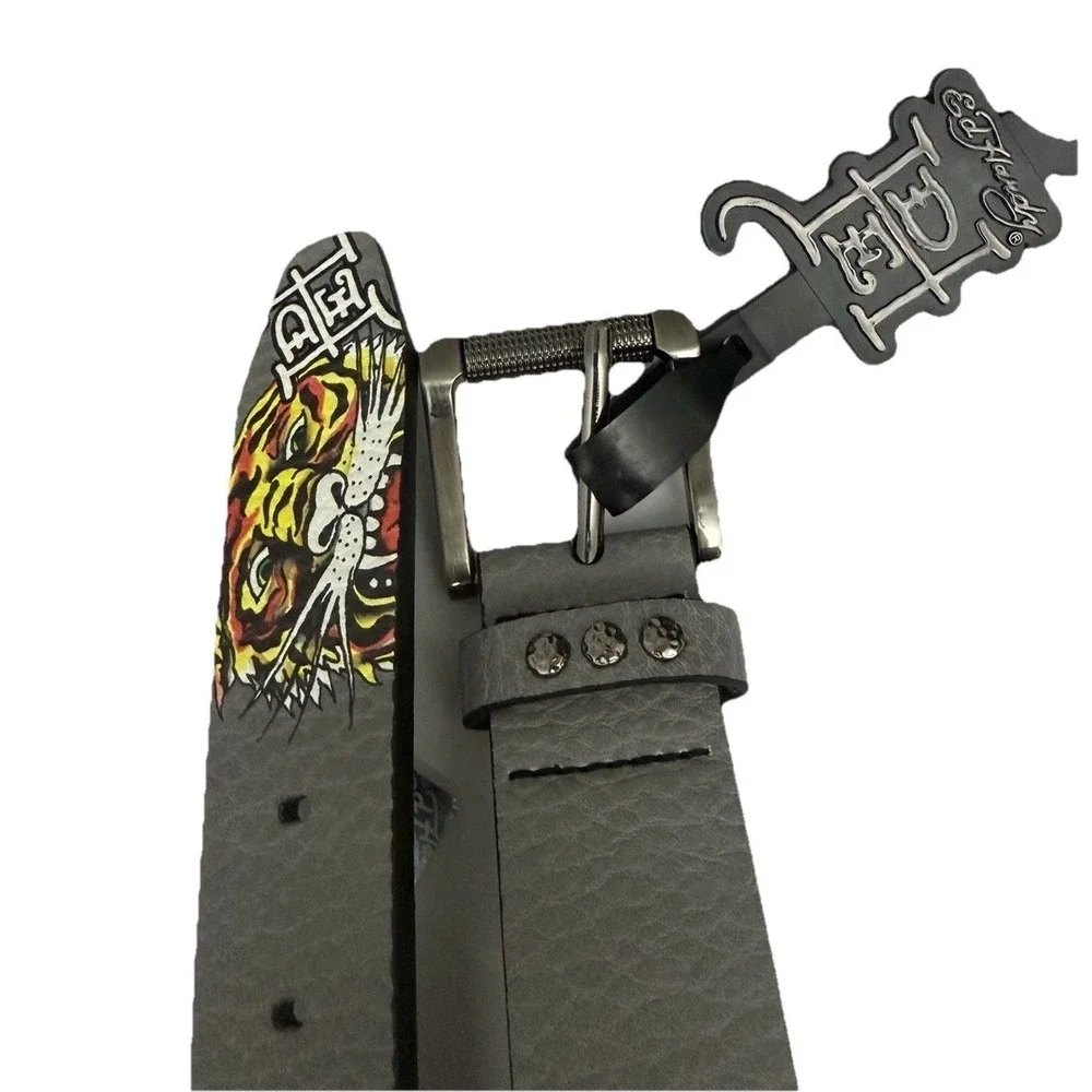 Ed Hardy Graphic Tiger Tattoo Style Design Gray Belt VB97510EHQA Size 38 NWT.